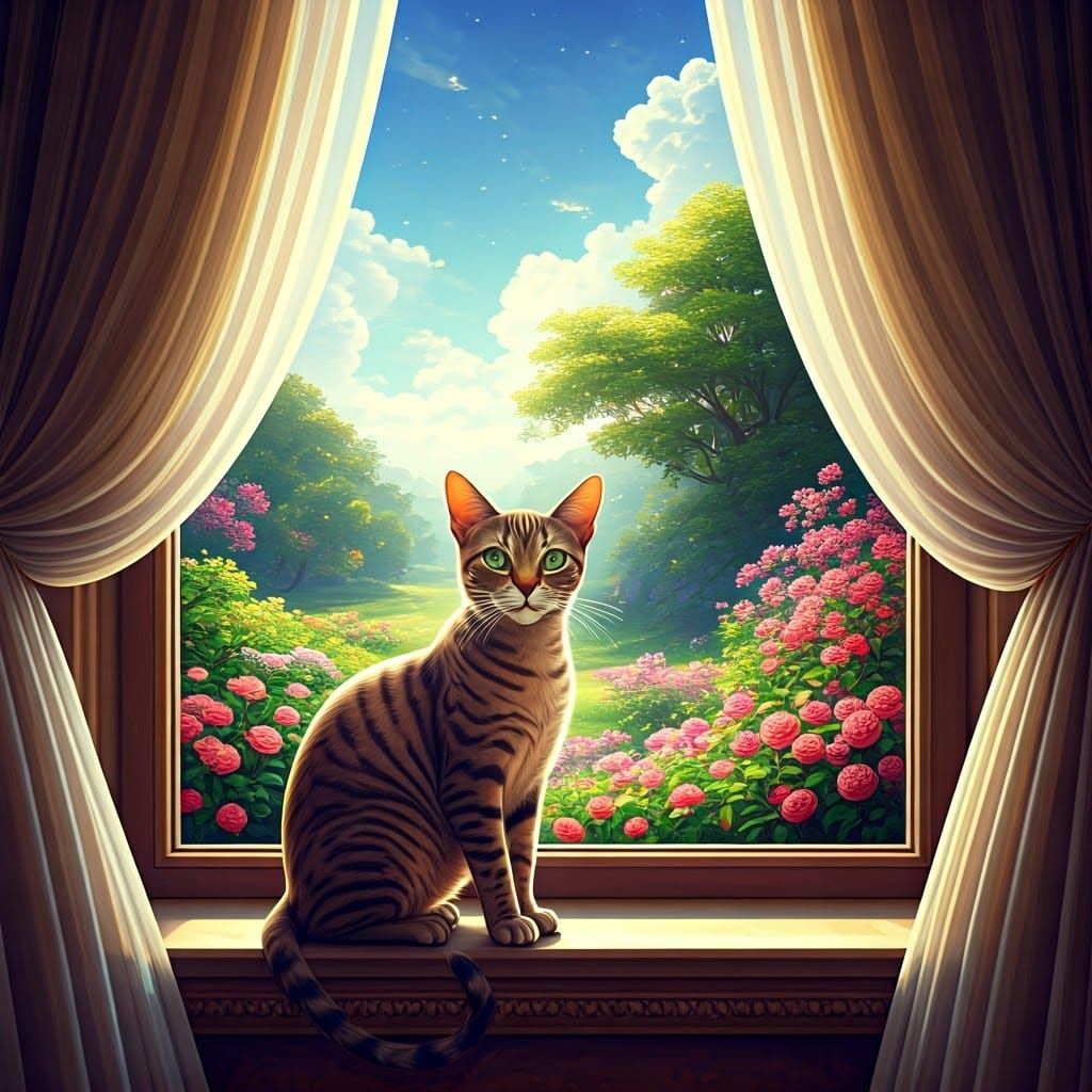 Regal Brown Tabby Cat Amidst Vibrant Garden