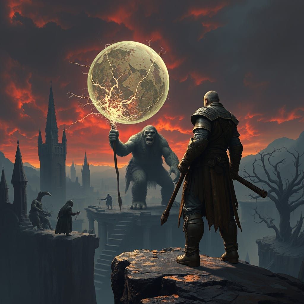 Heroic Warrior Confronts Dark Landscape