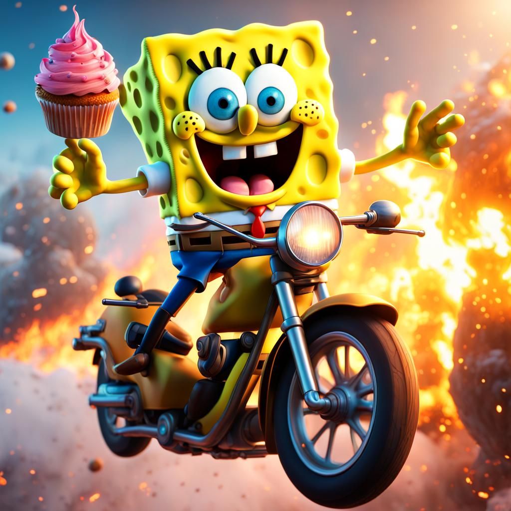 Spongebob's Fiery Motorcycle Stunt, Digital Art