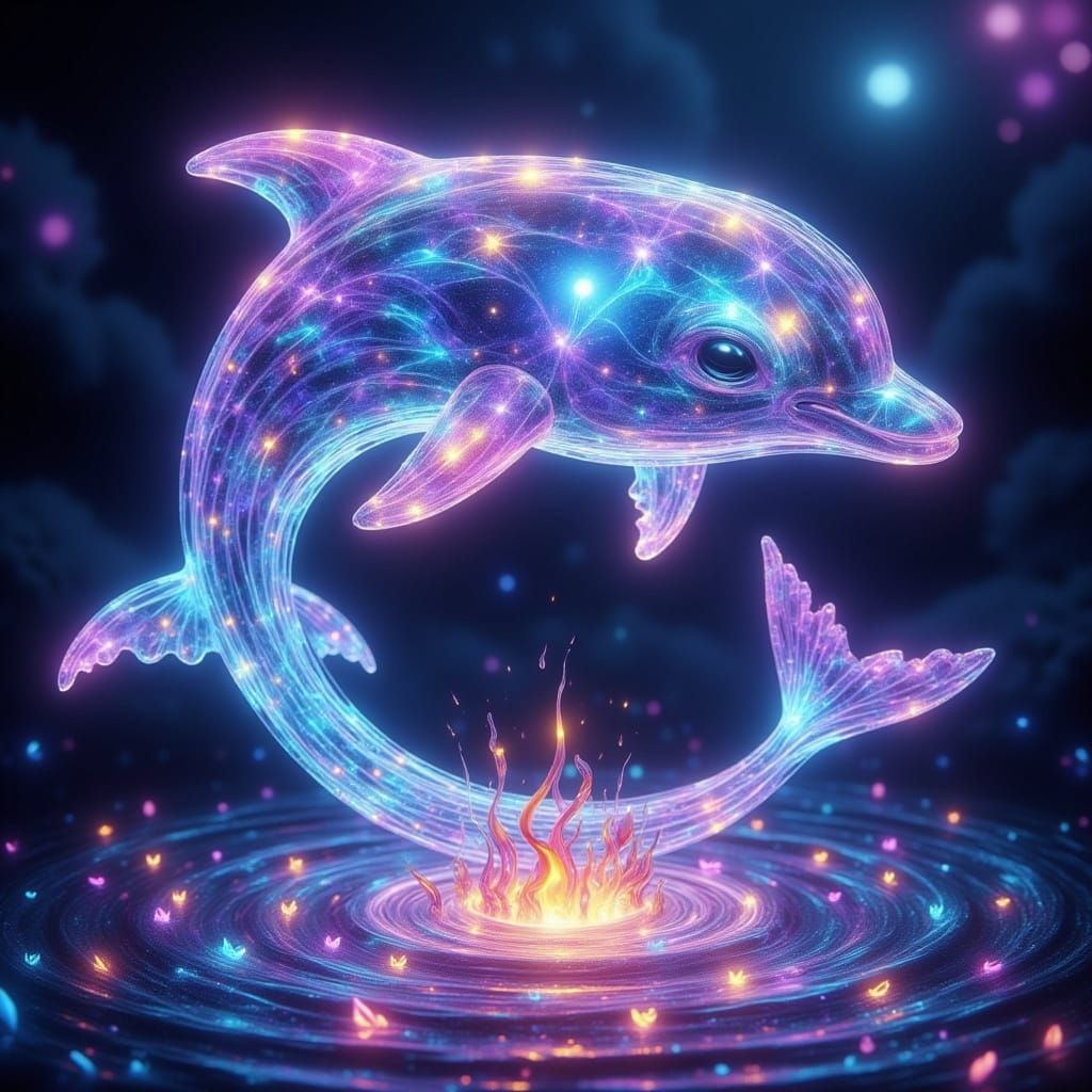 Iridescent Glass Dolphin Leaps Through Radiant Sea