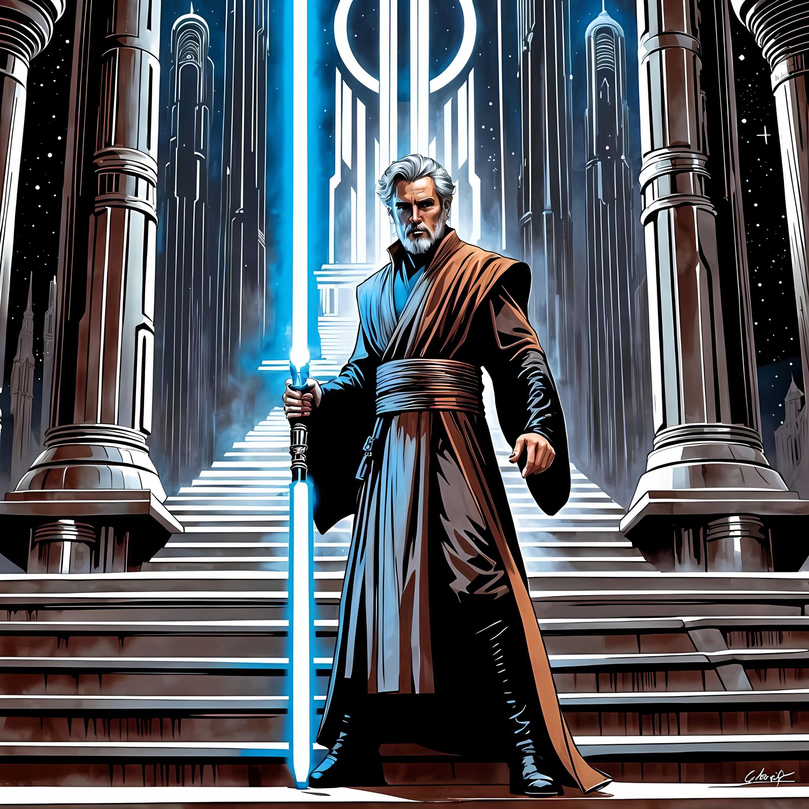 Jedi Knight at the Jedi Temple in Ink Style