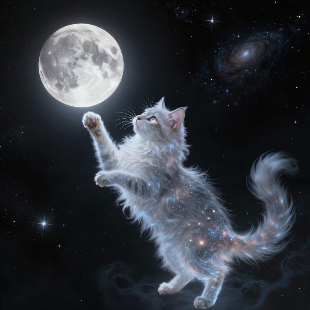 Celestial Cat Plays With Moon in Cosmic Mist