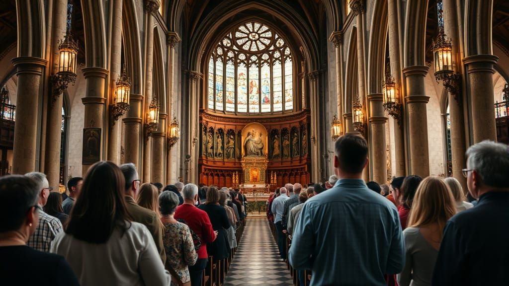 People in a Cathedral Church Praying in Photorealistic Style