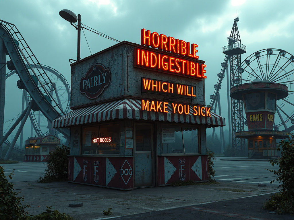 Post-Apocalyptic Hot Dog Stand in Ruined Amusement Park