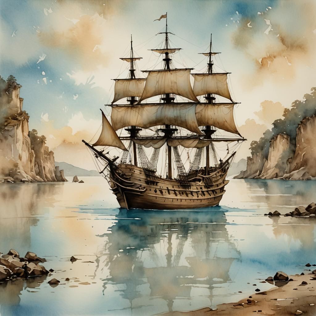 Galleon in Whimsical Watercolor with Pastel Drips
