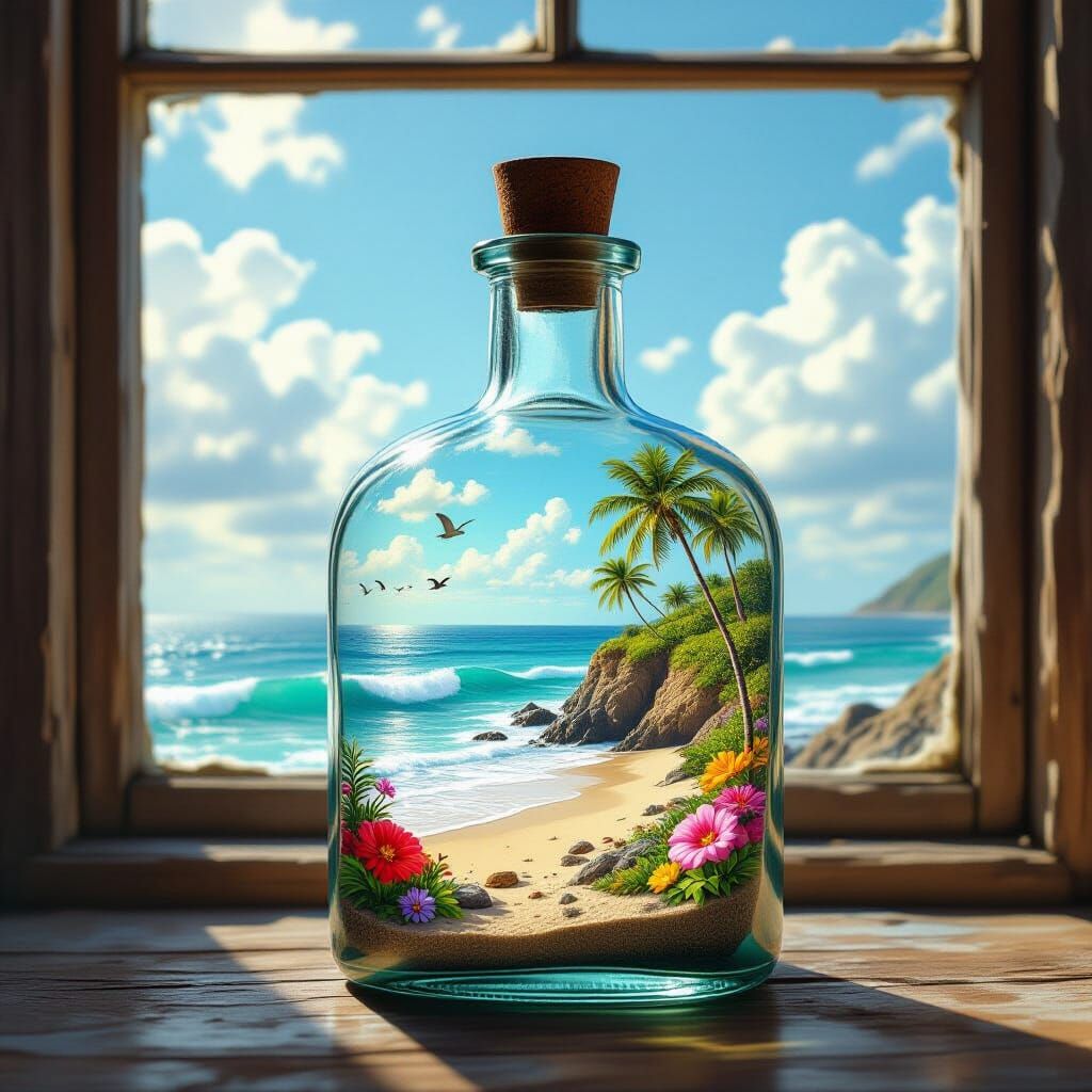 Miniature Beach Scene Inside Vintage Glass Bottle