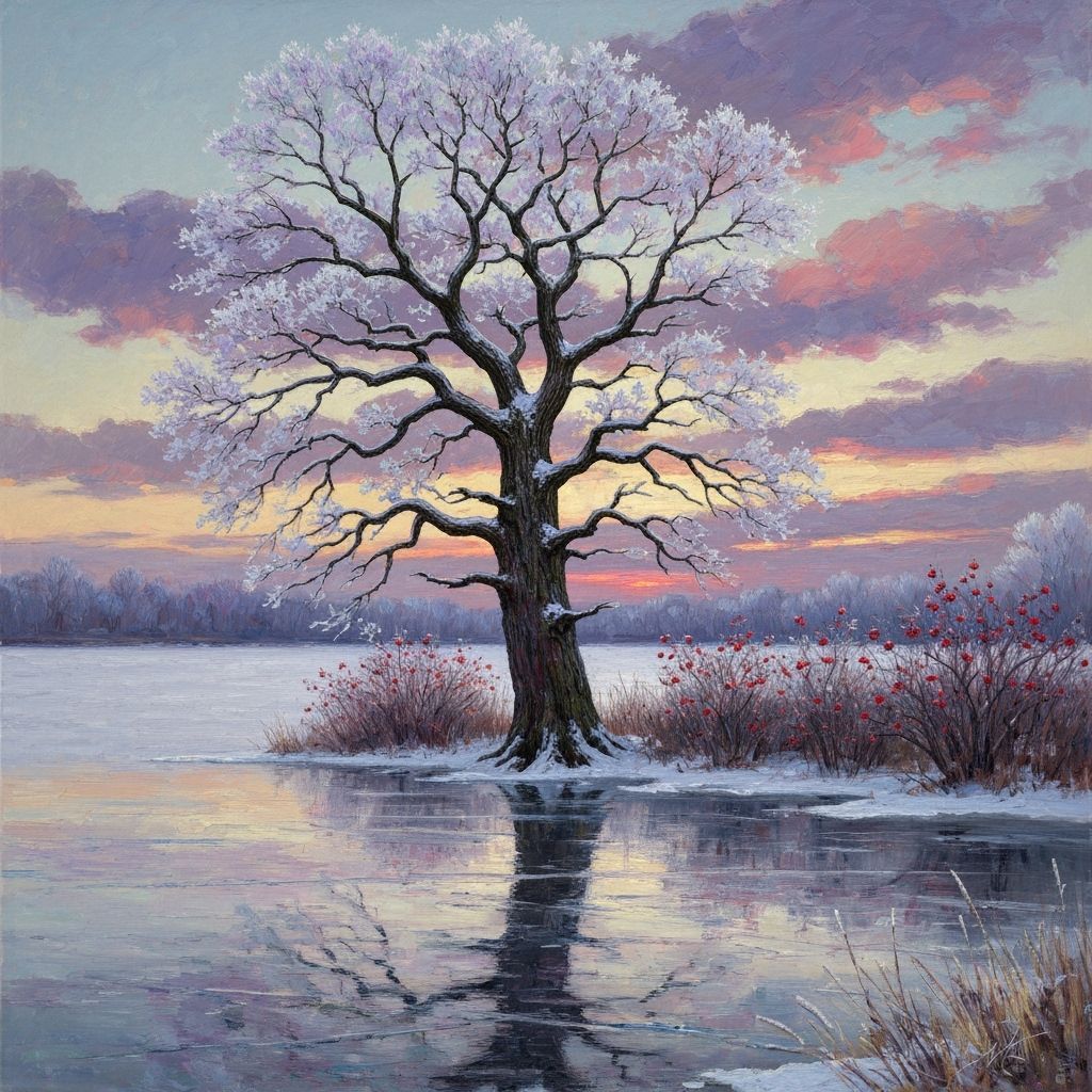 Winter Oak Tree on Frozen Lake: An Impressionist Painting