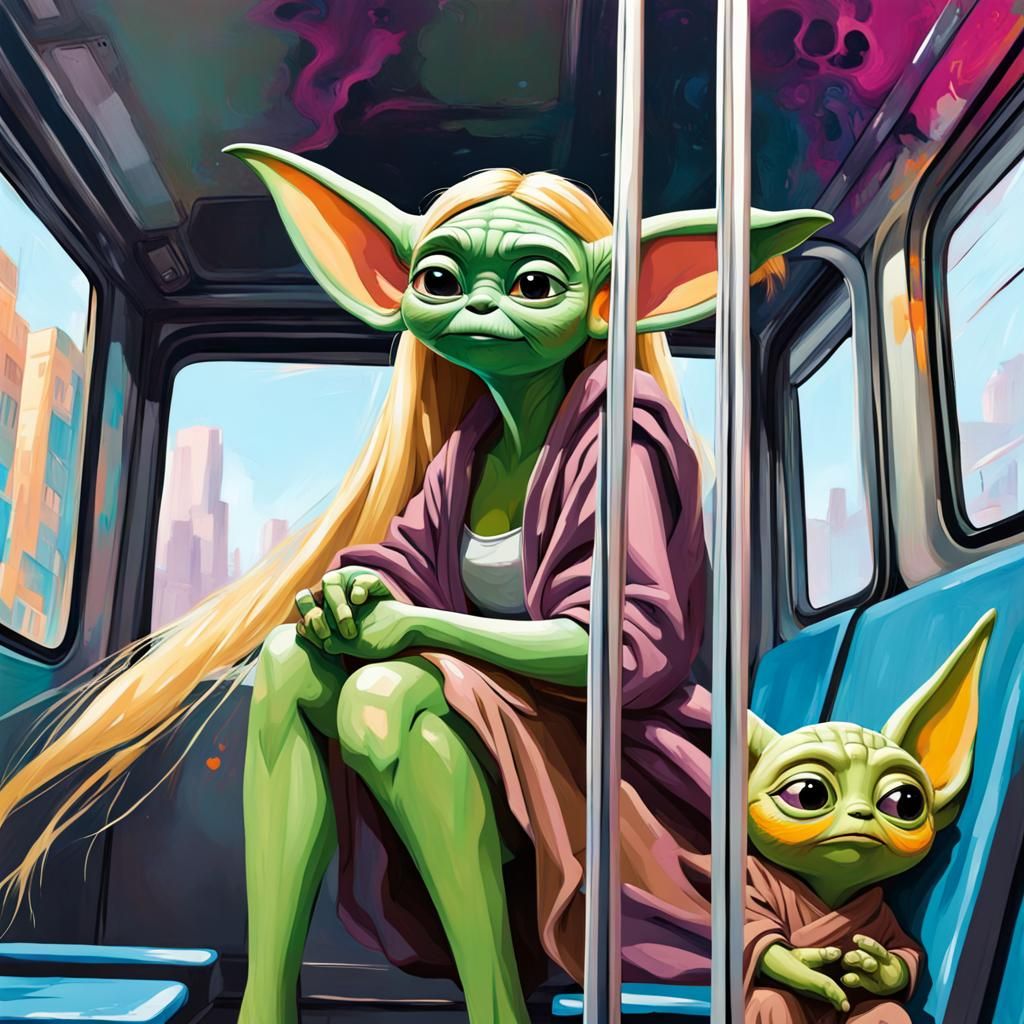 Rapunzel and Baby Yoda on the Bus in Graffiti Style