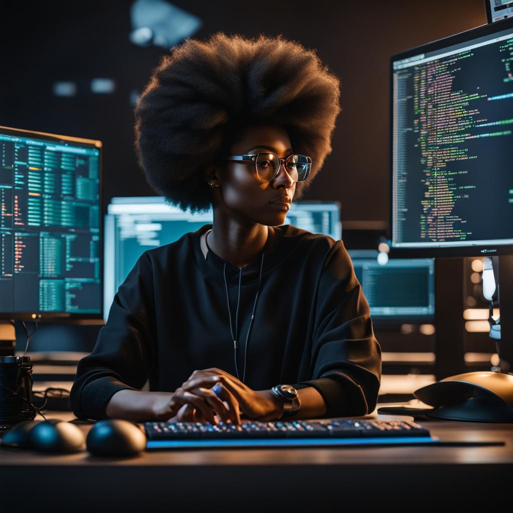 Black Woman Developer with Afro Hair Coding