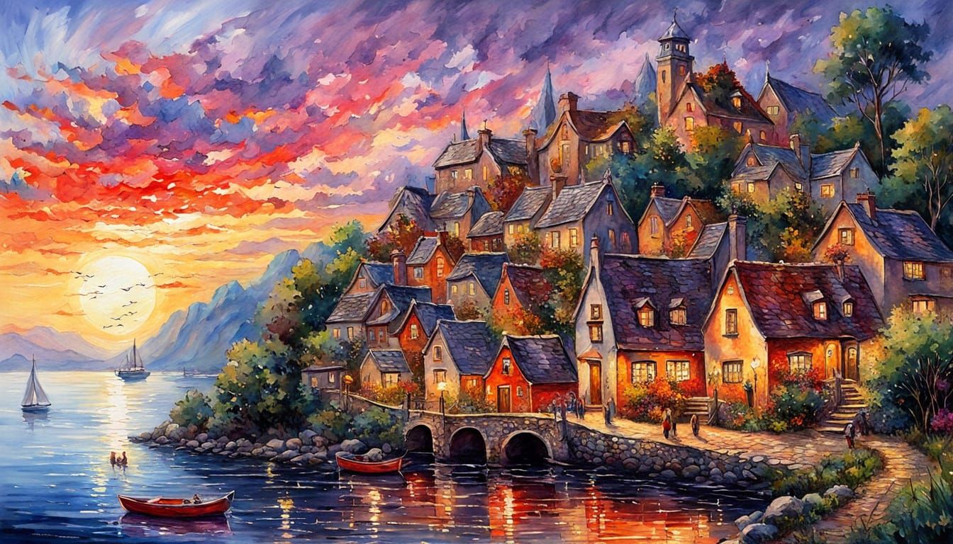 Sunset Over Ghibli Village: Impressionist Painting