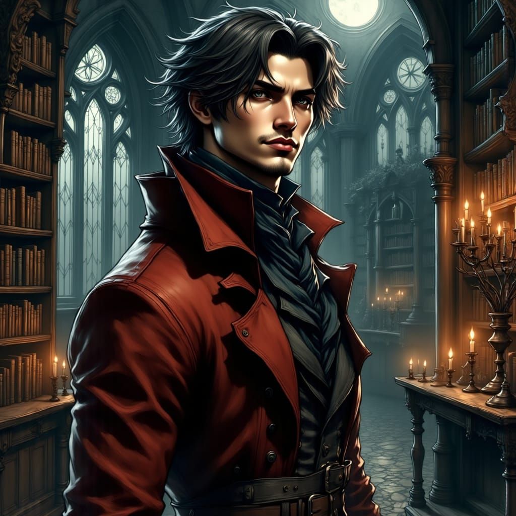 Gothic Gentleman in Crimson Coat in Precisionist Style
