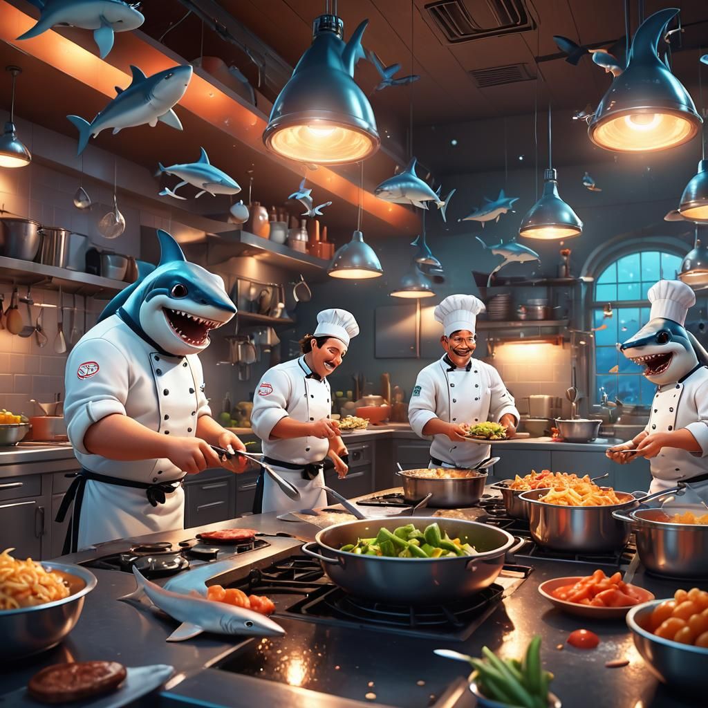Chef's Kitchen with Shark Colleagues: Pixar-Style Concept Ar...