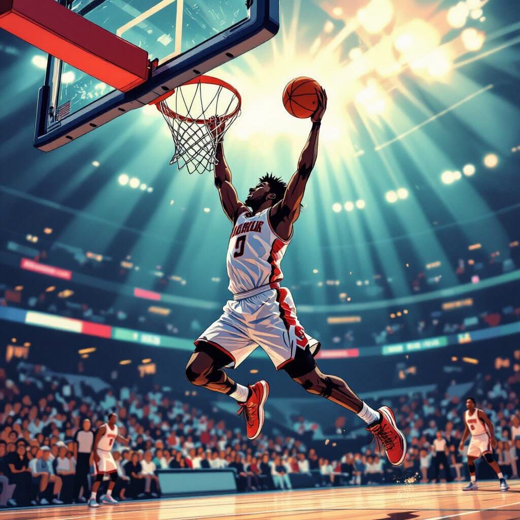 Dynamic Basketball Slam Dunk in Comic Book Style