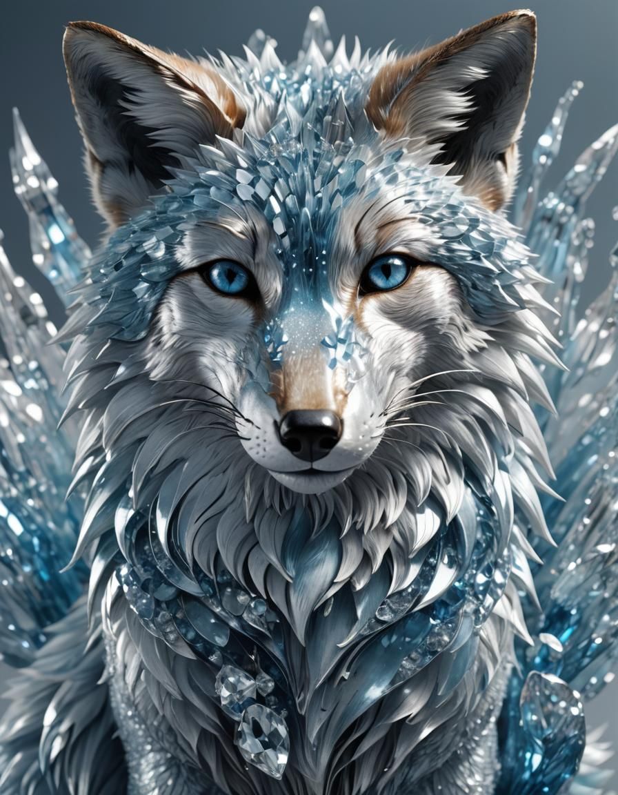 Metallic Fox Sculpture with Crystal Reflections in 3D