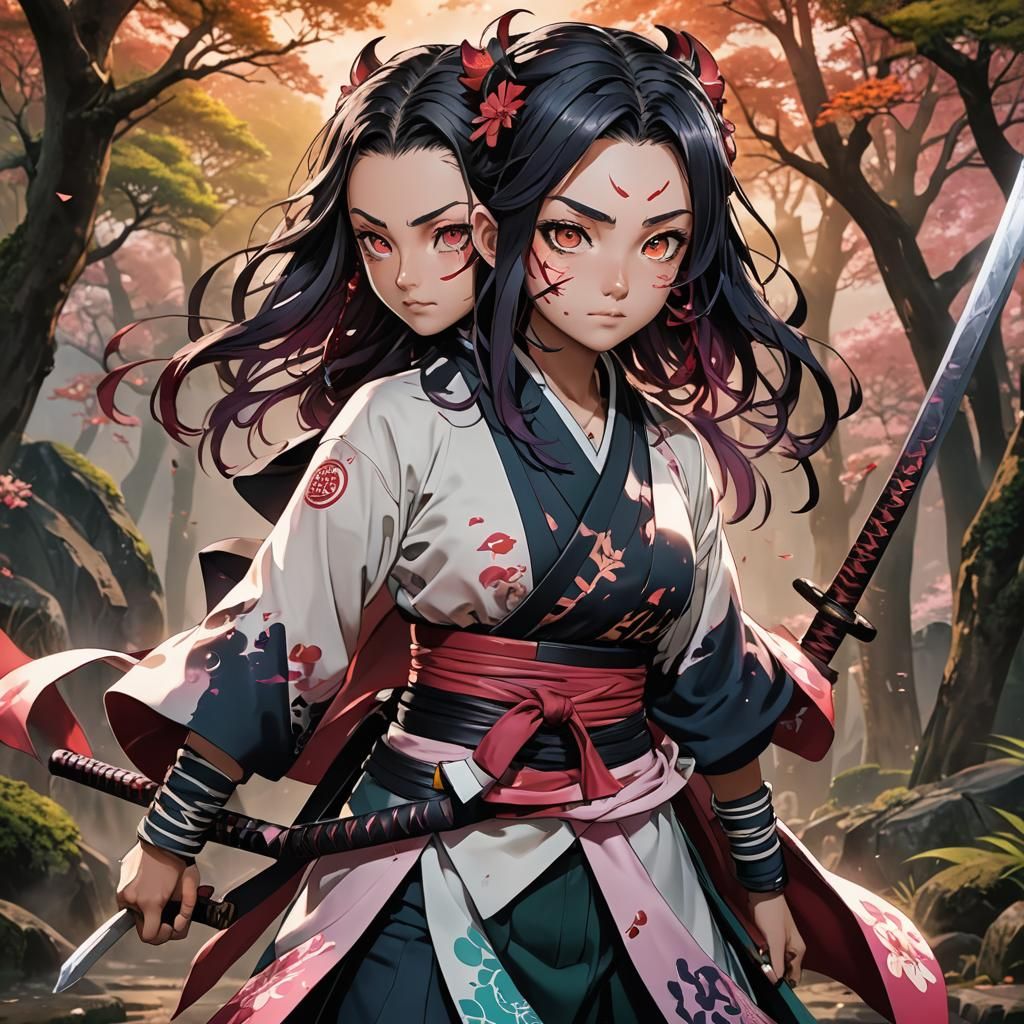 Anime Girl in Demon Slayer Uniform with Katana