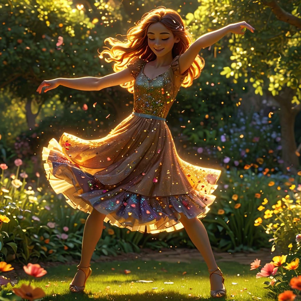 Girl Dancing in Garden in Disney Pixar Style