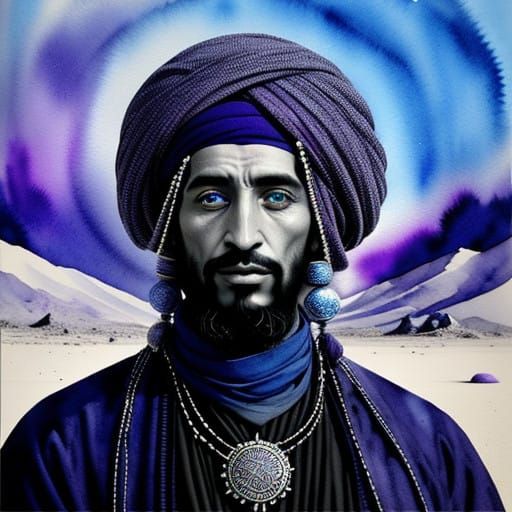 Ethereal Desert Nomad in Monochrome Watercolor Blues