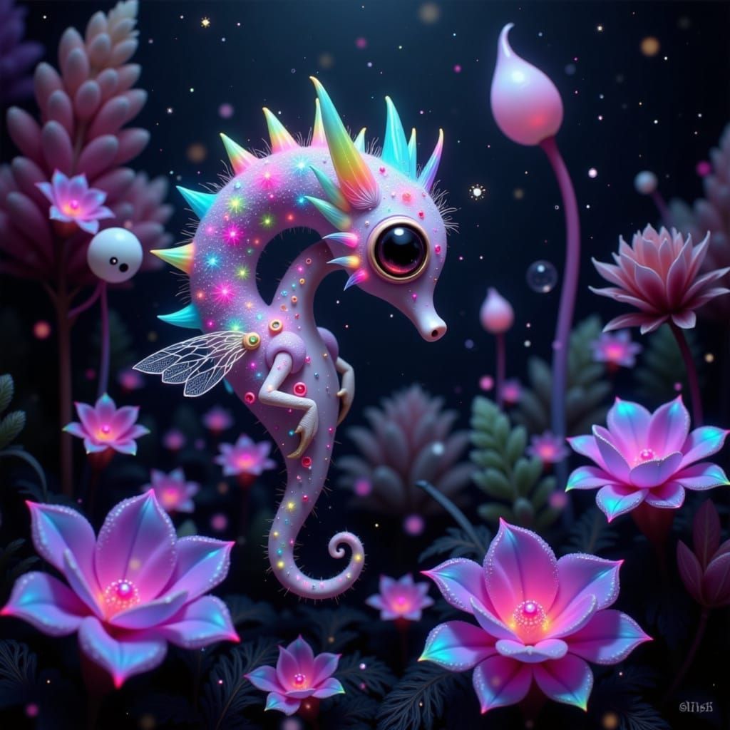 Iridescent Seahorse with Wings in Bioluminescent Cave
