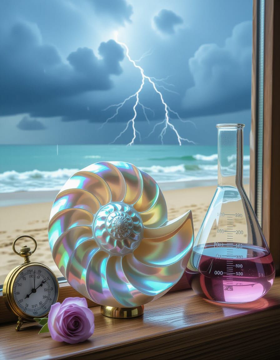 Iridescent Nautilus Shell Amidst Scientific Instruments