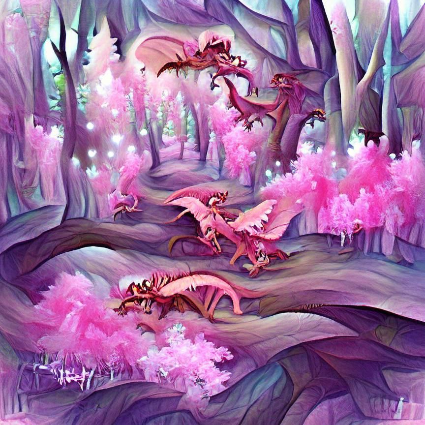 Faerie Dragons in a Pink Fantasy Forest