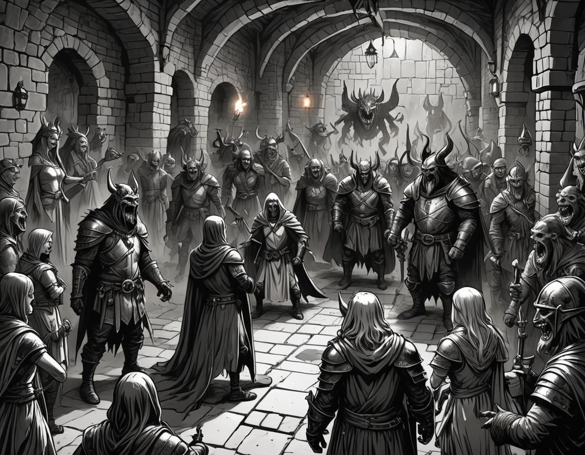 Monsters Party in Medieval Dungeon Comic Book Sketch