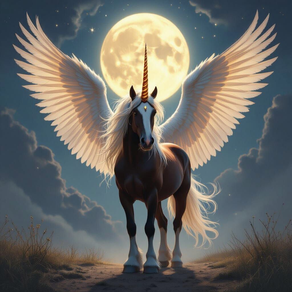 Majestic Winged Clydesdale Alicorn in Moonlight
