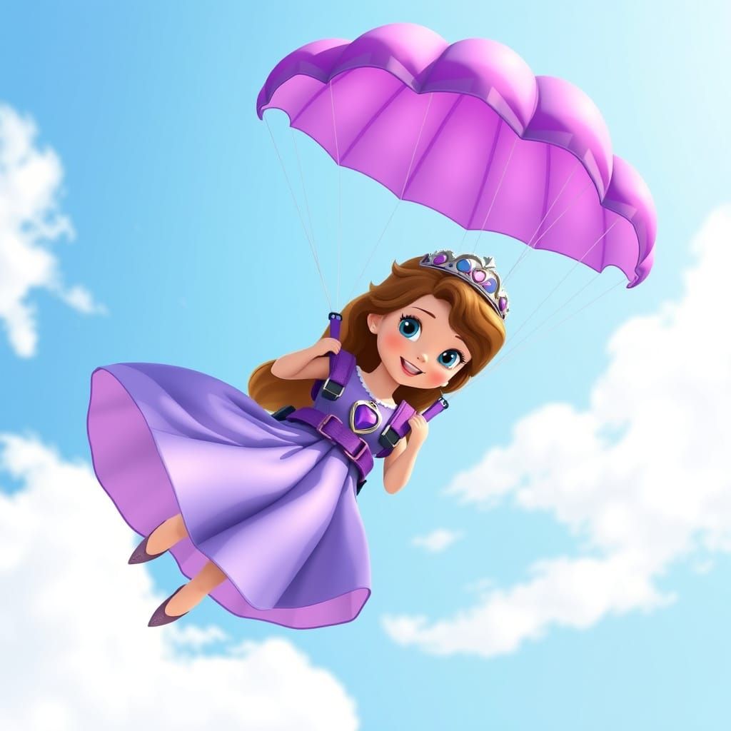 Princess Sofia Skydiving with Purple Parachute, Disney Style