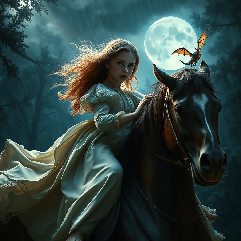 Girl on Horseback Attacked by Dragon in Dark Forest