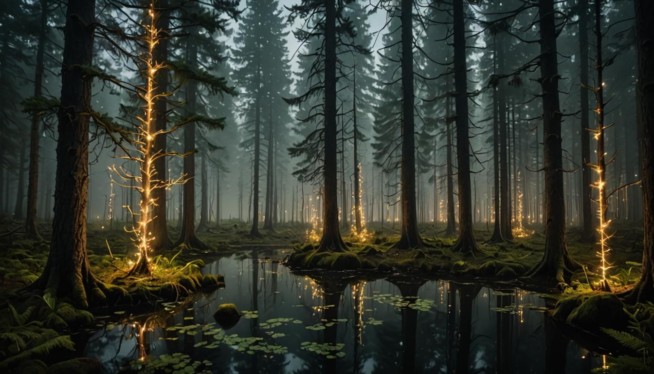 Mystical Fairy Lights in an Ancient Spruce Forest