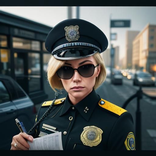 Hyperrealistic Policewoman Writes Ticket on City Street