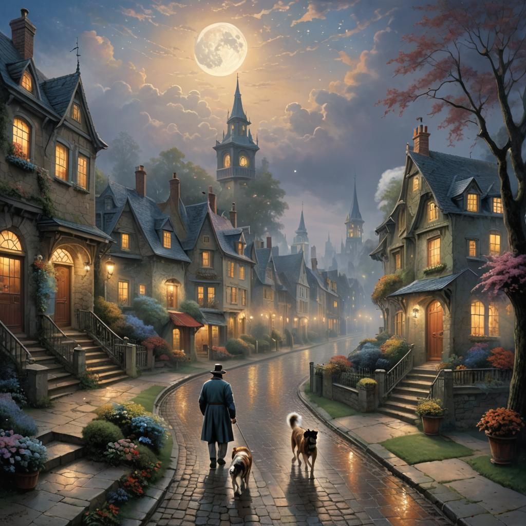 Man Walks Dog in Moonlit City, Ethereal Fantasy