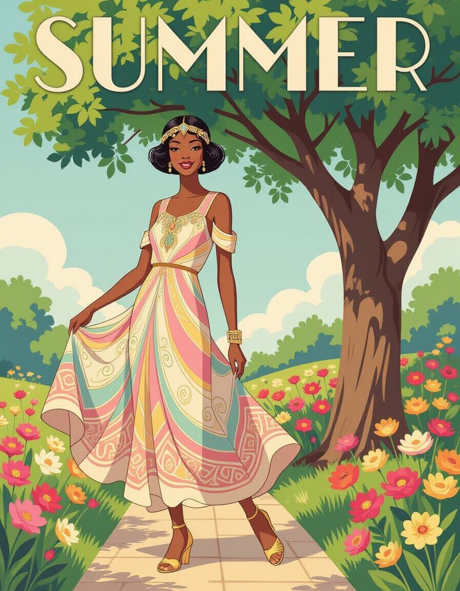 Art Deco Woman with Summer Flowers