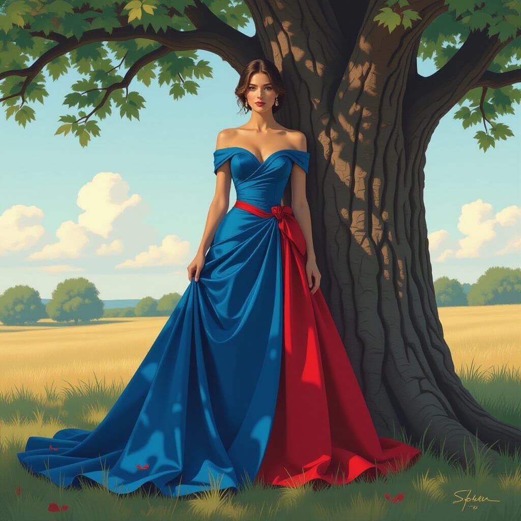 Woman in Gown Stands by Tree in Digital Painting Style