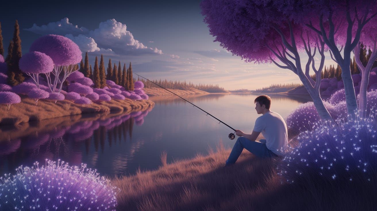 Young Man Fishing by Lake in Ethereal Digital Painting