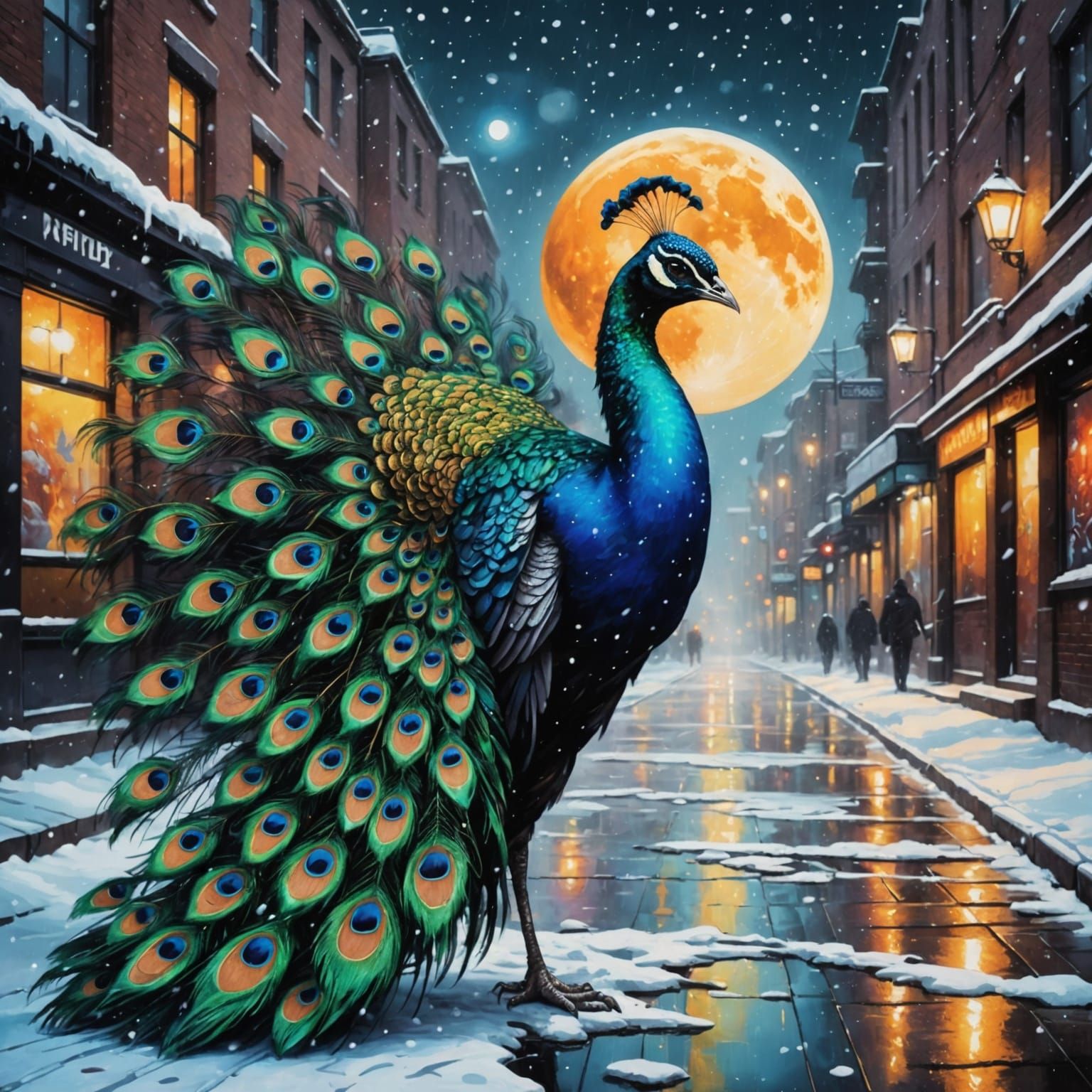 Fantasy Peacock Strolls Through Snowy City Streets Under Moo...