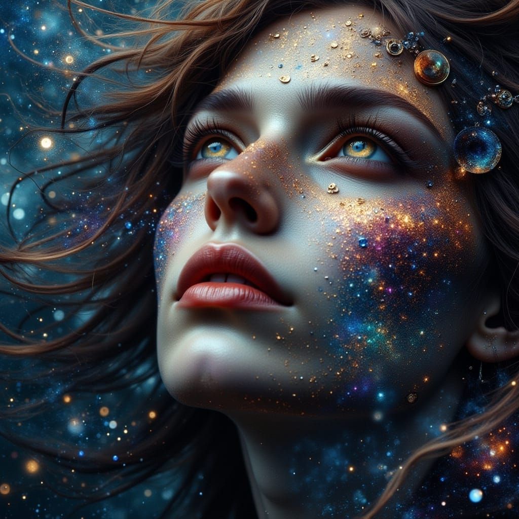 Cosmic Oracle Gazing Upward in Surreal Style