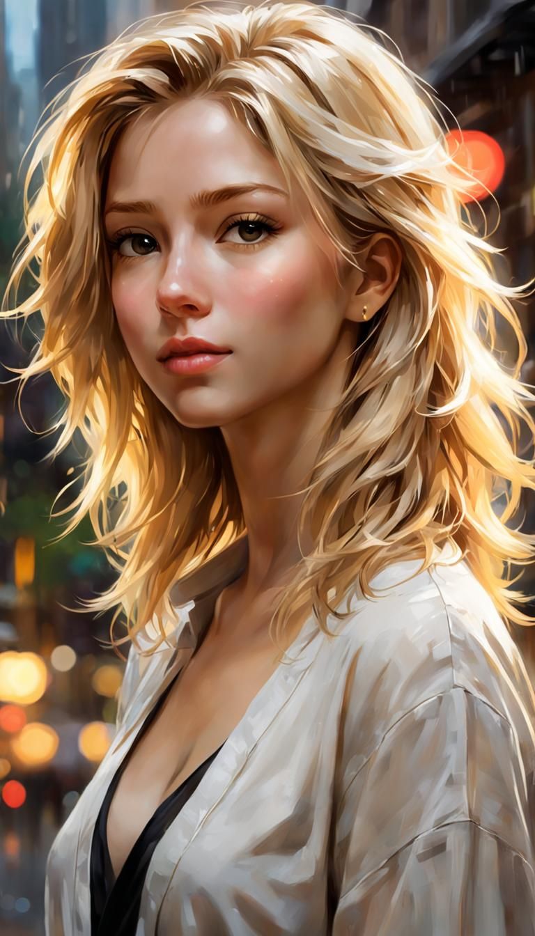 Blonde Woman in Dark Bokeh, Oil Painting Style