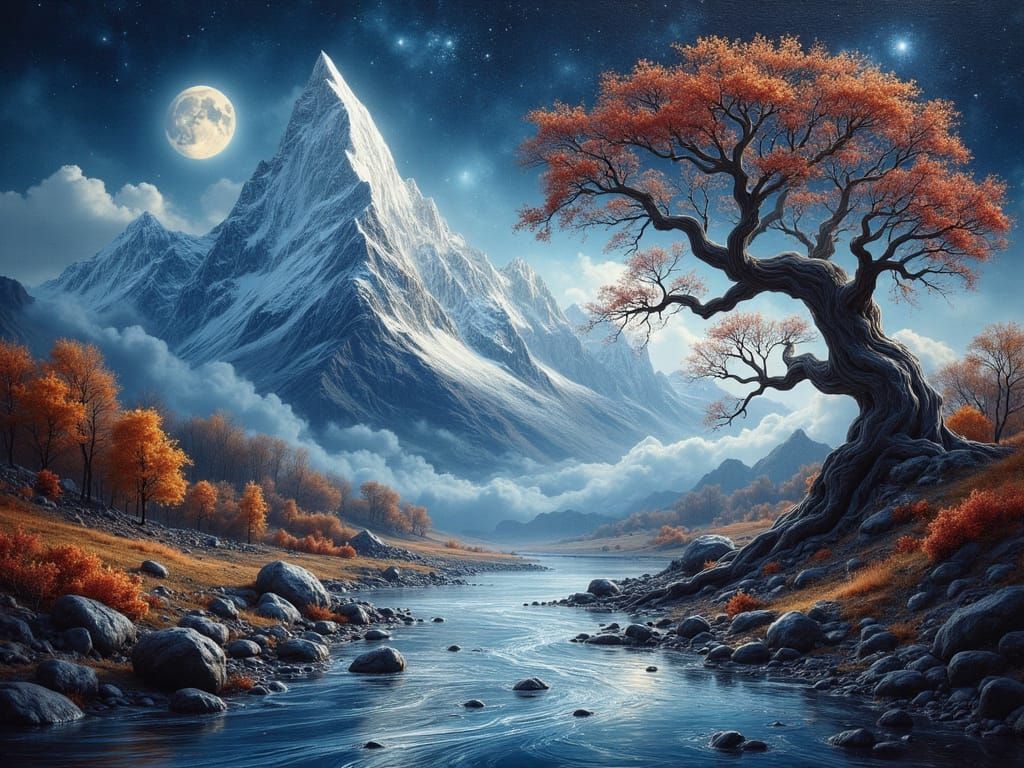 Majestic Snow Peak Mountain Oil Painting with Autumn Colors