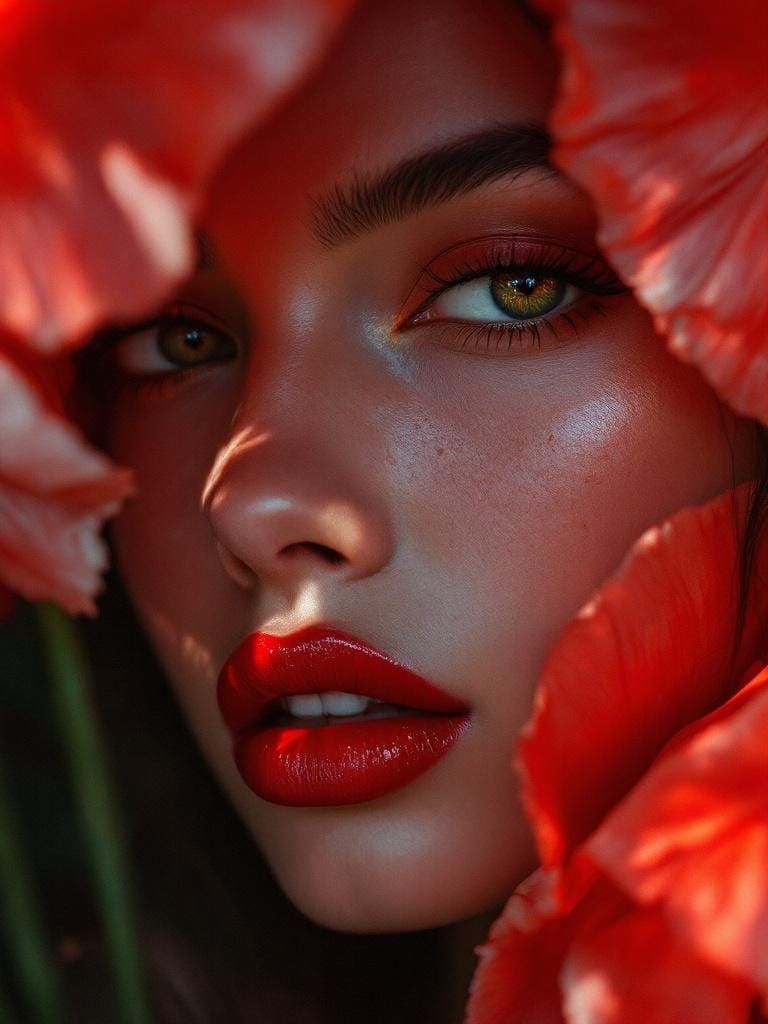 Woman in Poppy Petals: Hyperrealistic Ethereal Portrait