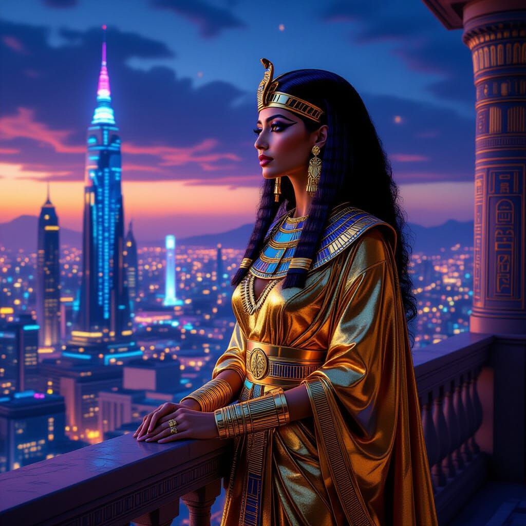 Egyptian Queen Gazes at Neon Metropolis, Hyperrealistic Styl...