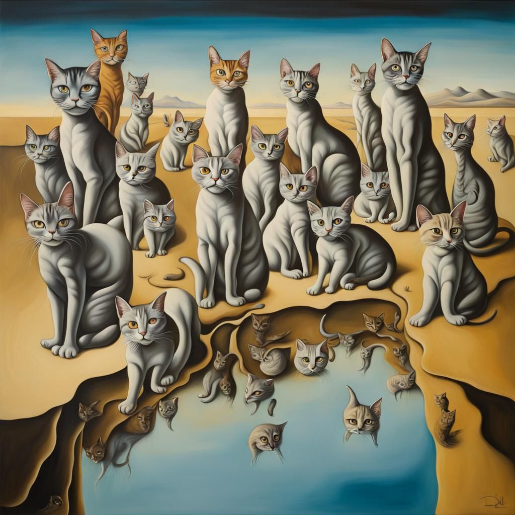 Surreal Cats in a Dali-esque Melting Landscape