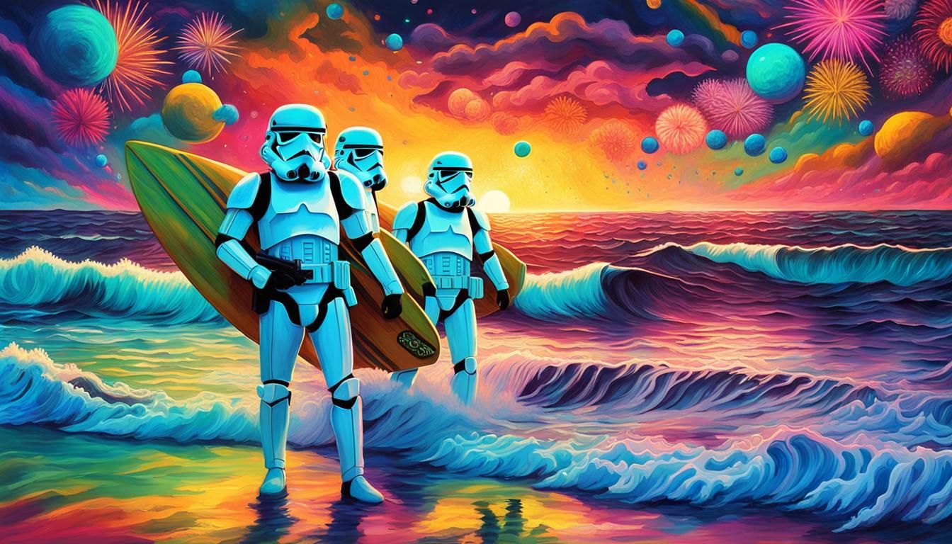Stormtroopers Surfing Ocean Waves in Cyberpunk Candyland