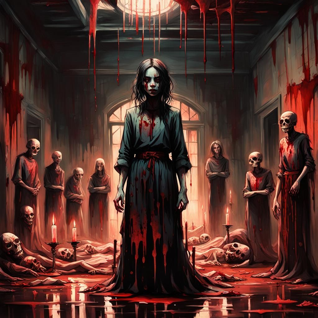 Eerie Girl in Dark Room: Dark Fantasy Oil Painting