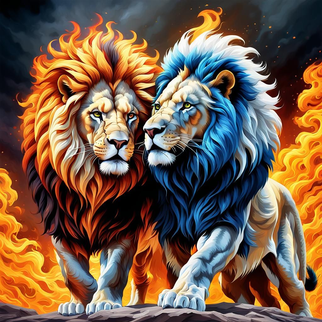 Fire and Ice Lions Clash in Hyper-Realistic Detail