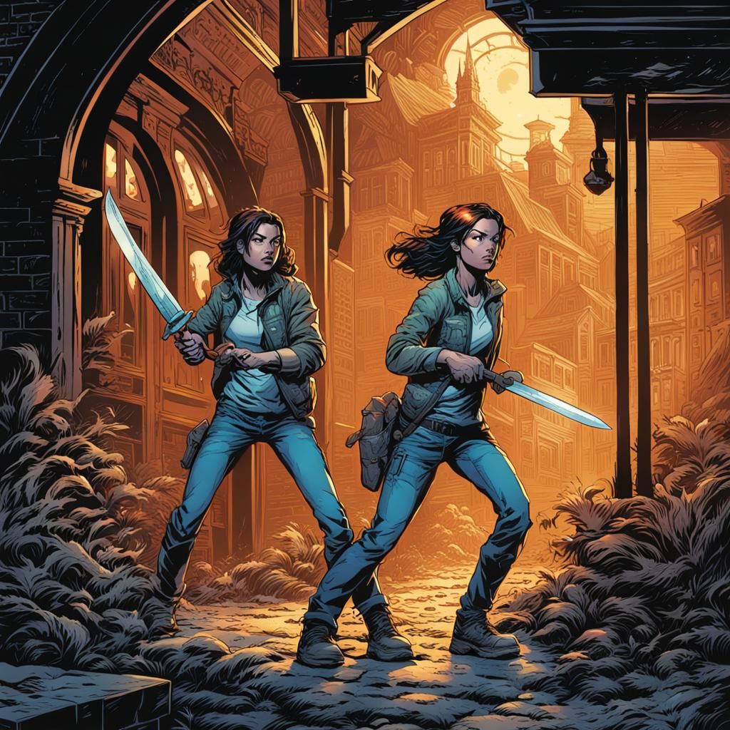 Two Women with Knife in Comic Book Style