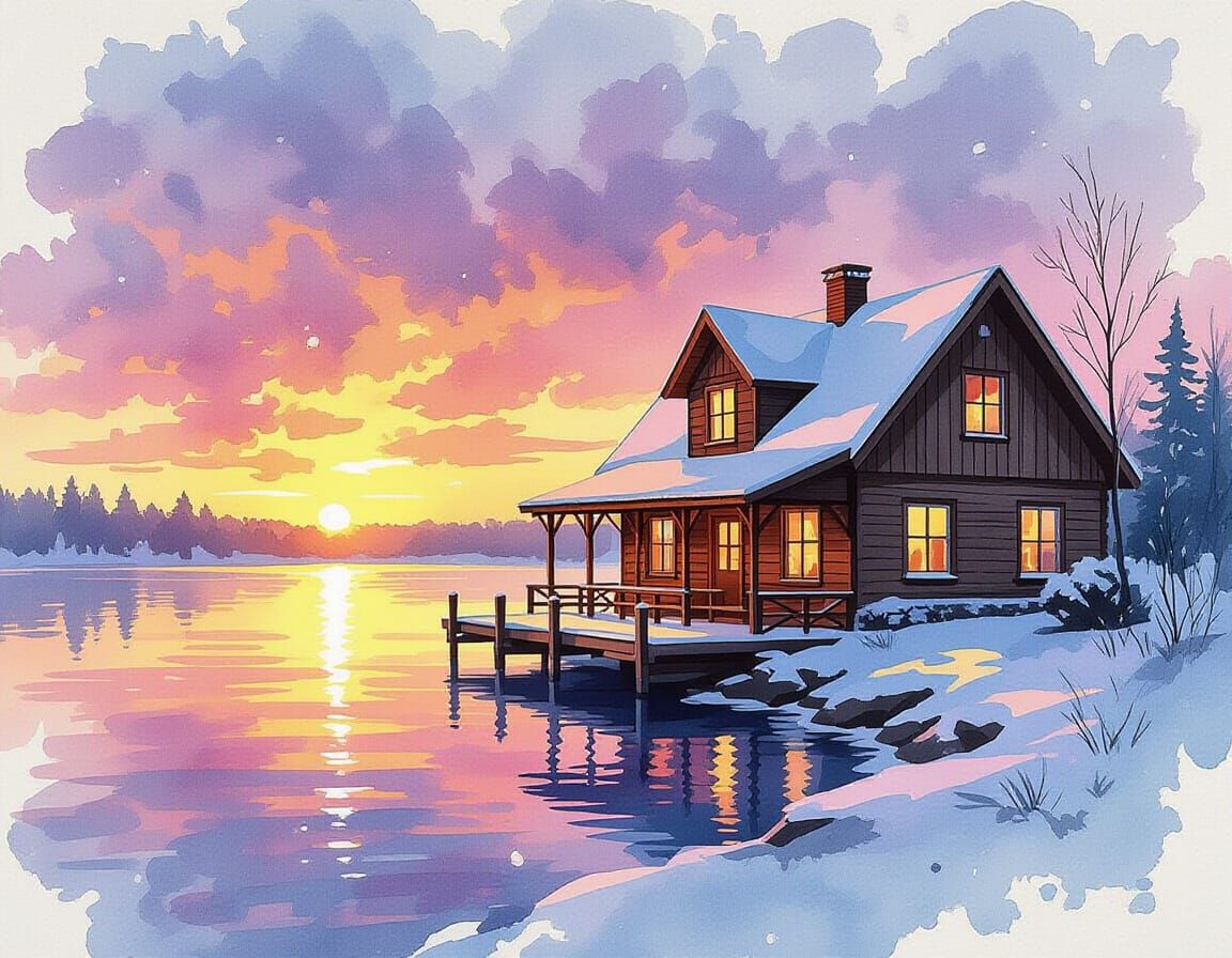 Winter Lakeside Tavern in Watercolor Sunset