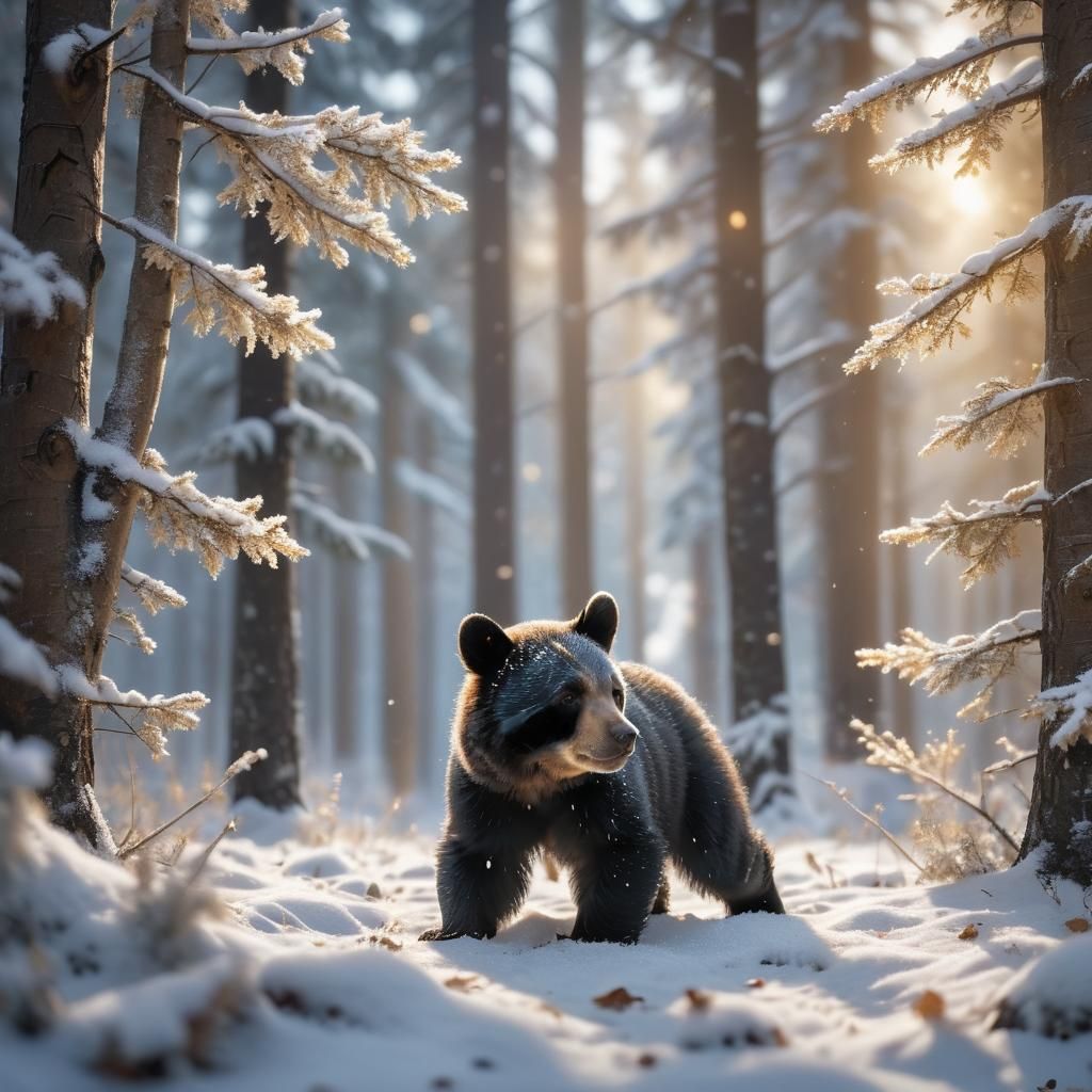 Black Bear Cub Plays in Winter Forest