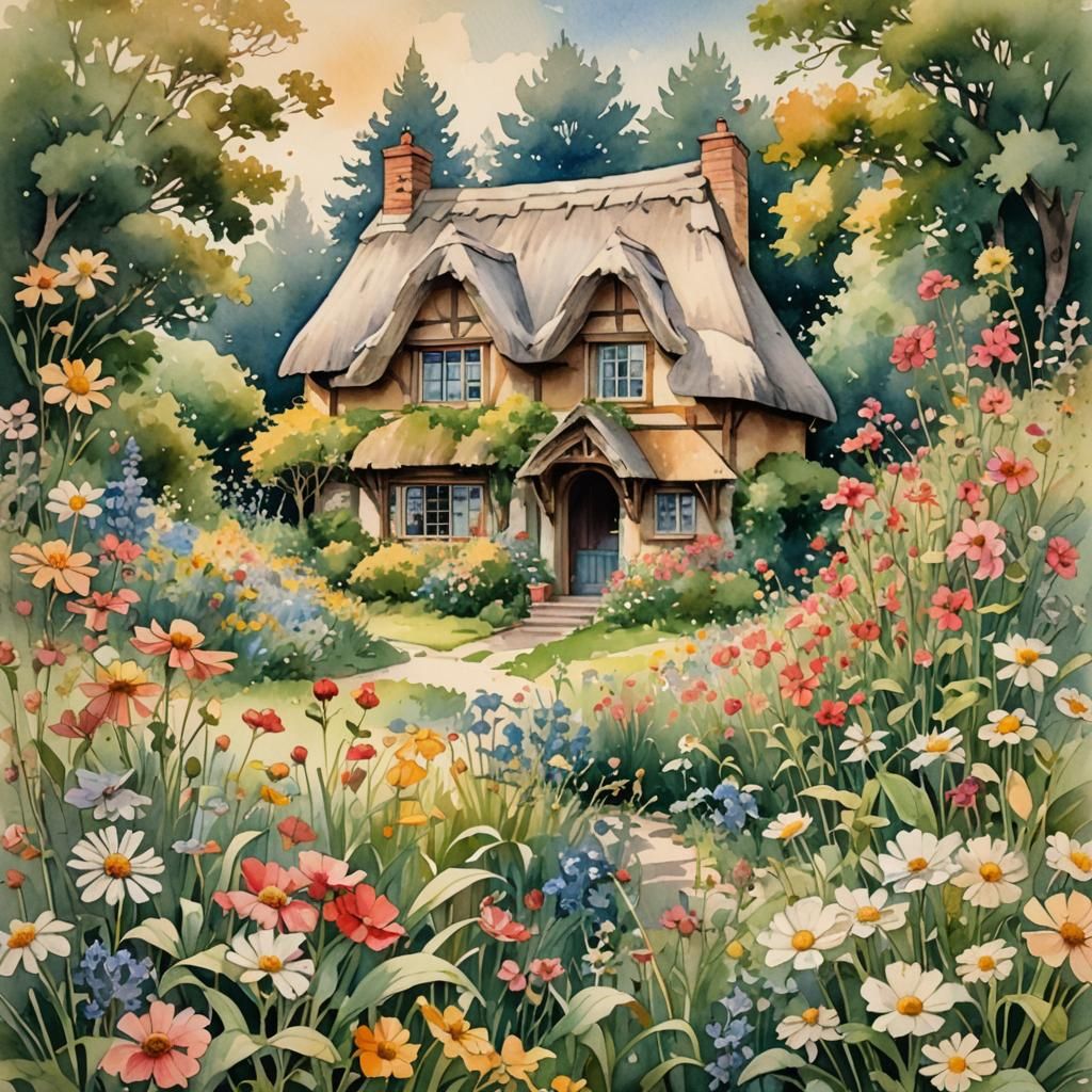 Vintage Watercolor Cottage with Wildflowers in Art Nouveau S...