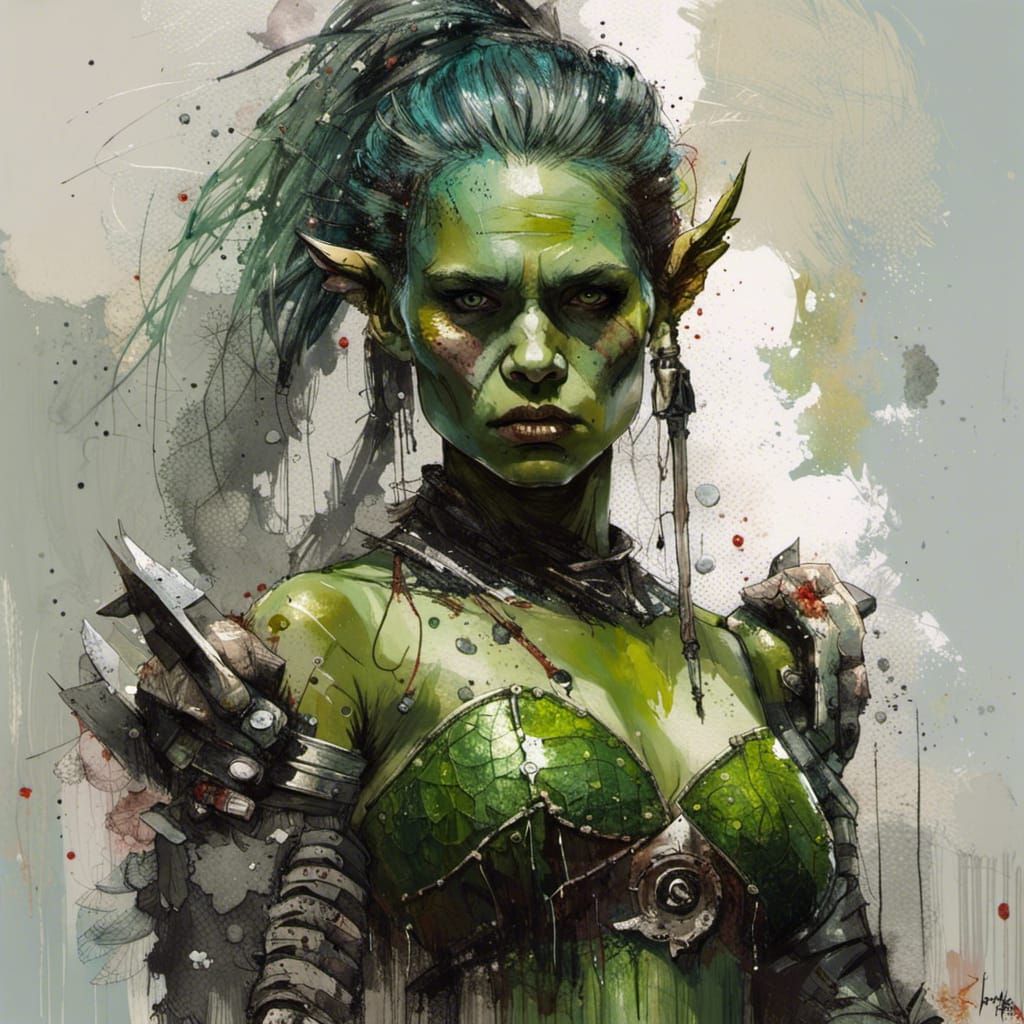 Ferocious Green-Skinned Orc Lady Warrior in Silver Armor
