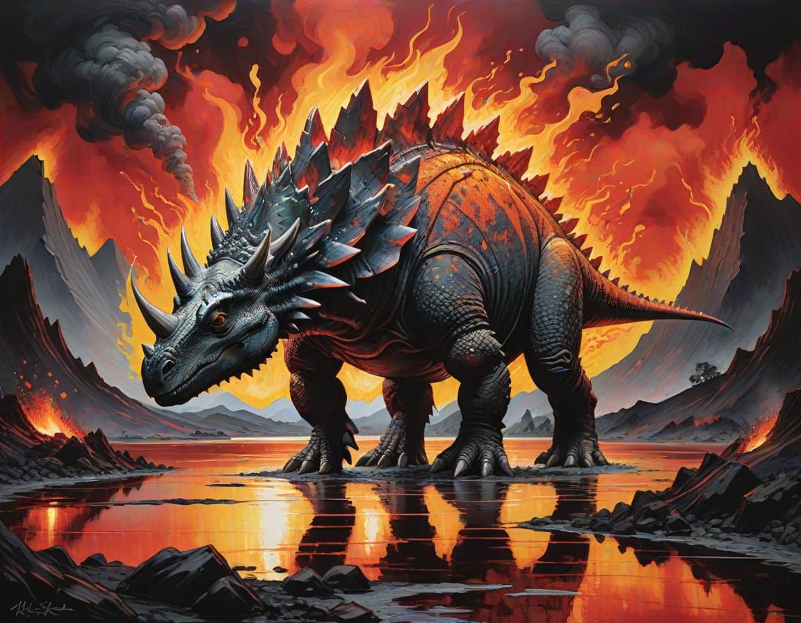 Stegosaurus in Fiery Magma Landscape, Neo-Impressionist Wood...